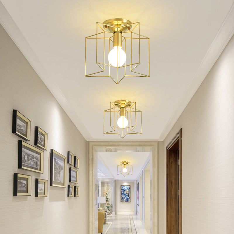 Industrial Style Metal Star Cage Flush Mount in Gold - Bedroom Ceiling Lighting