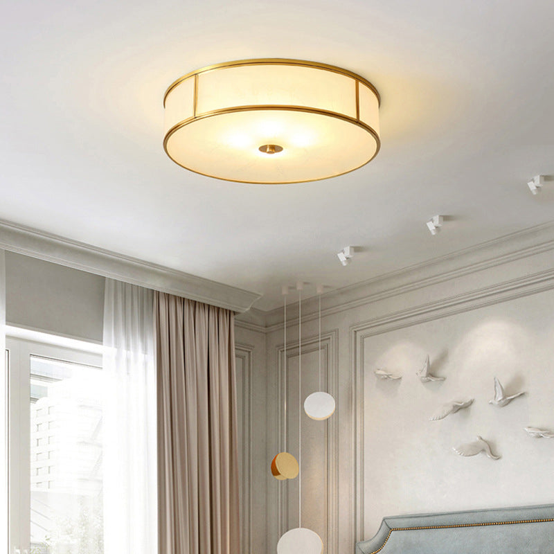 Opal Glass Cylinder Flush Mount Ceiling Light in Gold - Traditional Bedroom Lighting
