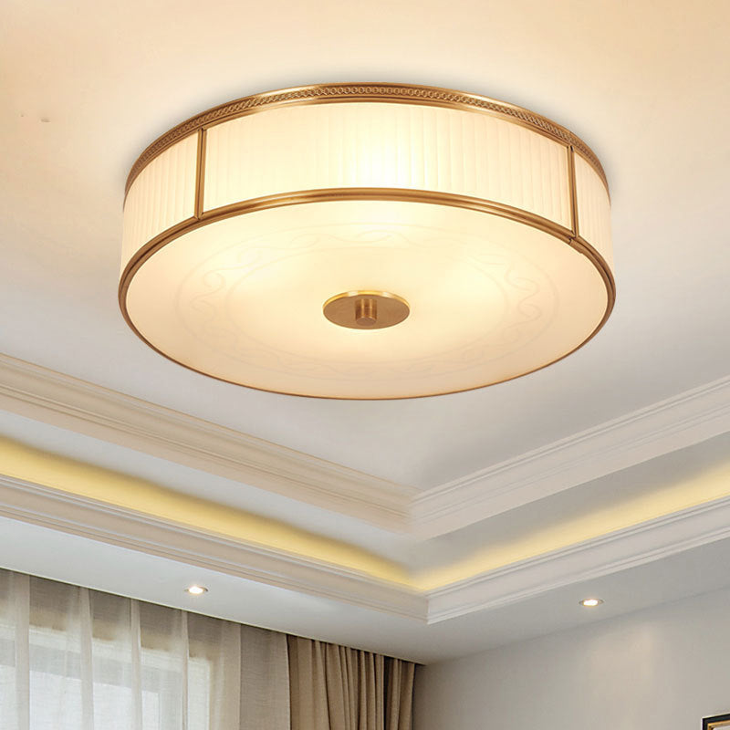 Vintage Cream Glass Flush Mount Ceiling Light With Drum Shape - Gold Accent For Living Room