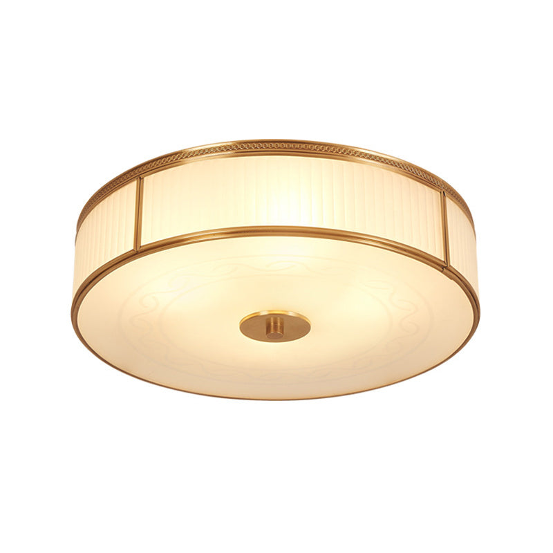 Vintage Cream Glass Flush Mount Ceiling Light With Drum Shape - Gold Accent For Living Room