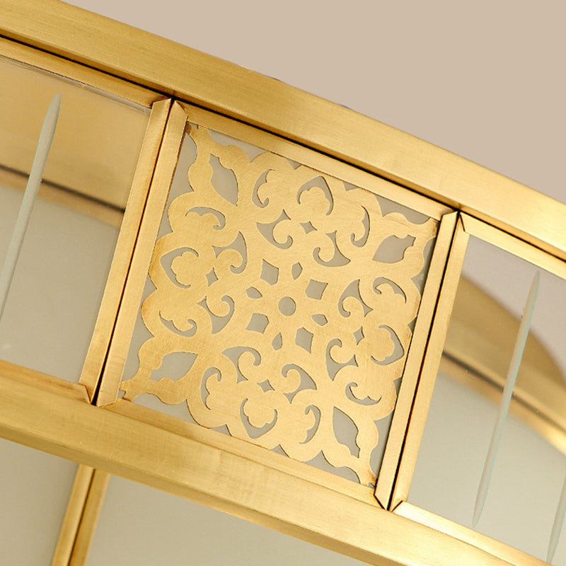 Classic Cream Glass Drum Flush Mount Light With Gold Finish And Cutout Metal Decor - Ideal For