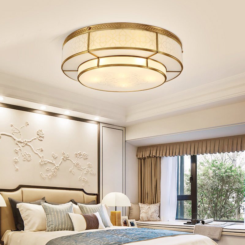 Vintage 2 Layer Frost Glass Flush Mount Ceiling Light in Gold - Living Room Décor