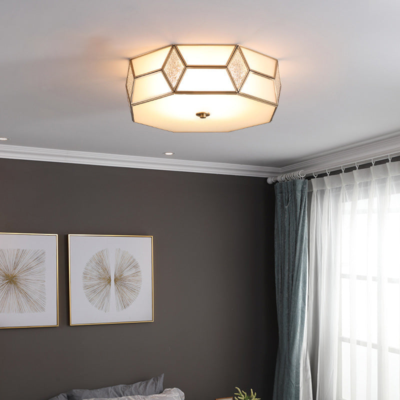 Gold Polyhedron Frost Glass Flush Mount Ceiling Light For Traditional Bedrooms
