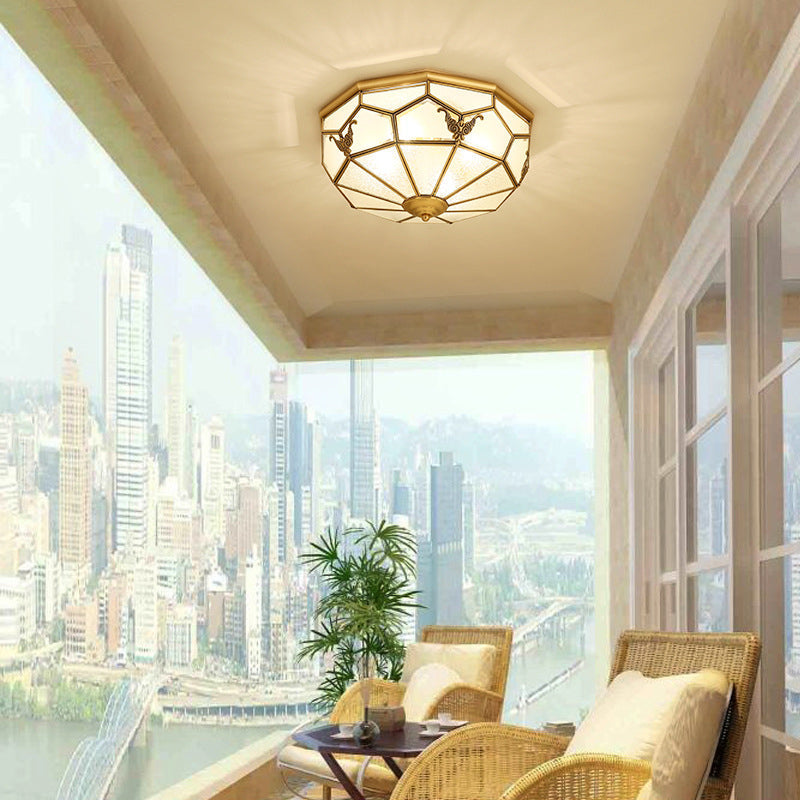 Vintage Gold Flush Ceiling Light Fixture With Frost Glass For Living Room