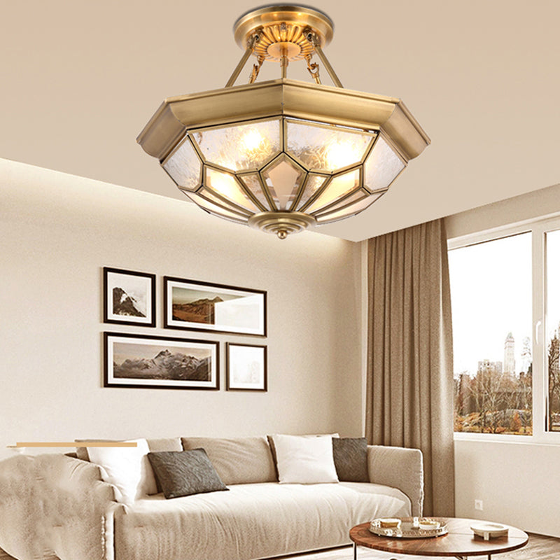 Gold Traditional Dome Semi Flush Chandelier - 6-Headed Frost Glass Ceiling Light
