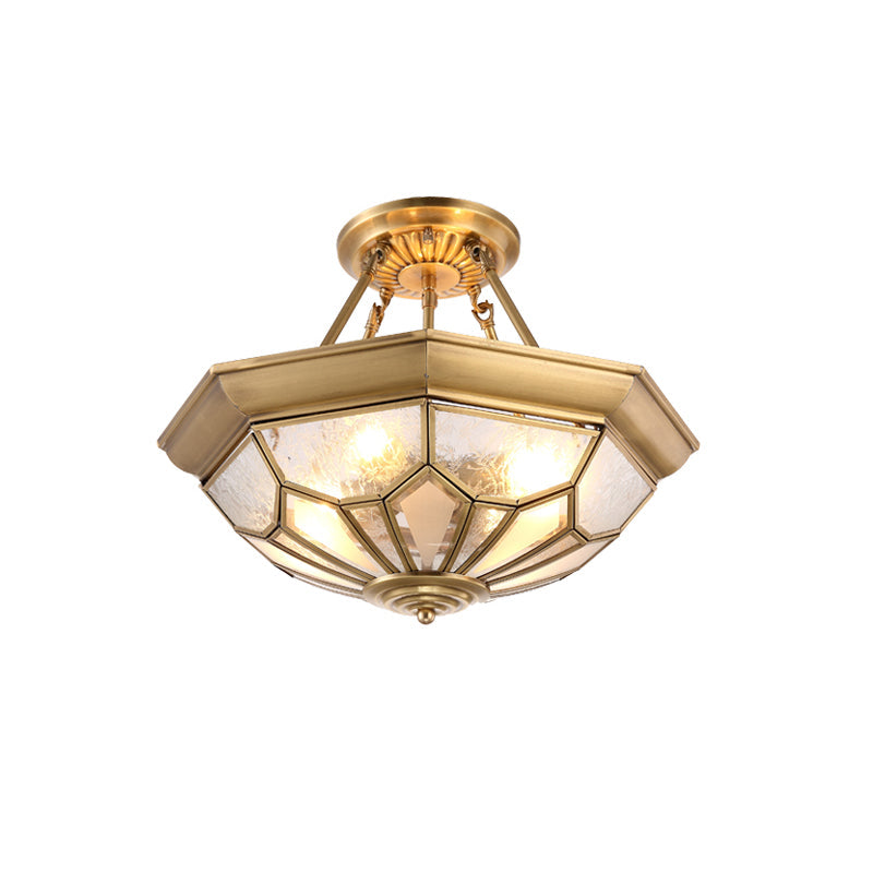 Gold Traditional Dome Semi Flush Chandelier - 6-Headed Frost Glass Ceiling Light