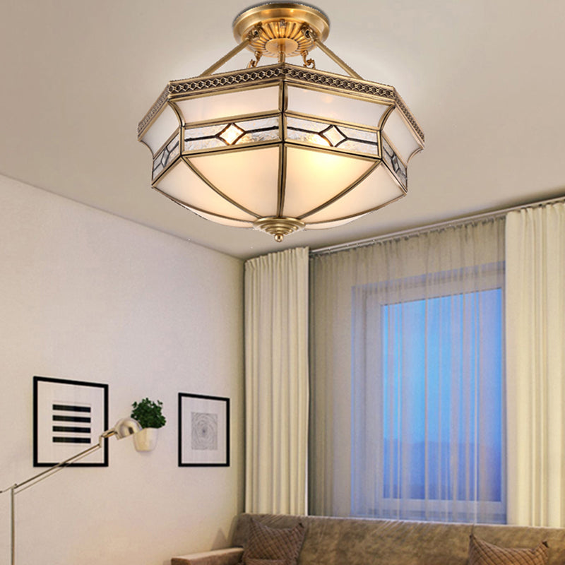 Gold Traditional Dome Semi Flush Chandelier - 6-Headed Frost Glass Ceiling Light