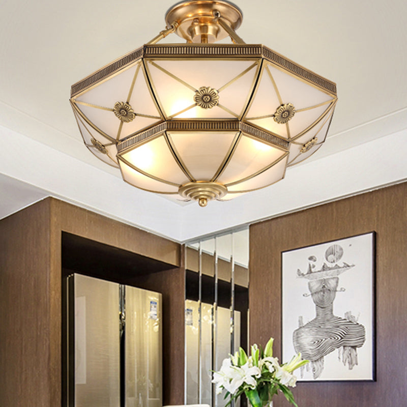 Gold Traditional Dome Semi Flush Chandelier - 6-Headed Frost Glass Ceiling Light