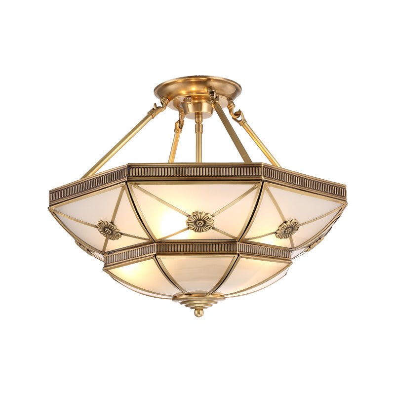 Gold Traditional Dome Semi Flush Chandelier - 6-Headed Frost Glass Ceiling Light