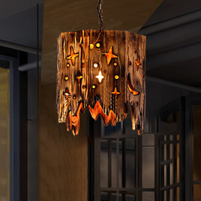 Suspension vintage en bois avec étoile gravée, finition bronze