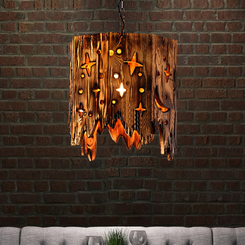 Suspension vintage en bois avec étoile gravée, finition bronze