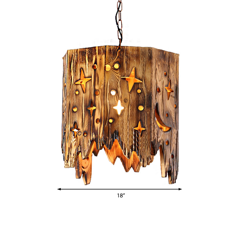 Suspension vintage en bois avec étoile gravée, finition bronze