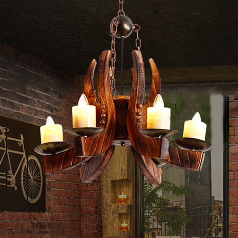 Rustic Marble Cylinder Pendant Chandelier – 4-Light Brown Hanging Fixture with Wood Accents for Living Room