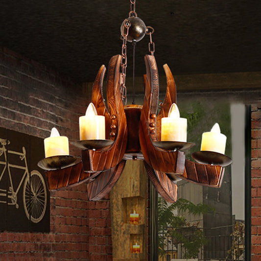 Rustic Marble Cylinder Pendant Chandelier – 4-Light Brown Hanging Fixture with Wood Accents for Living Room