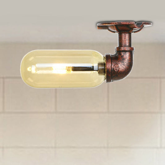 Amber Glass Semi Flush Oval Shade Light Fixture in Weathered Copper with Industrial Pipe Design for Living Room