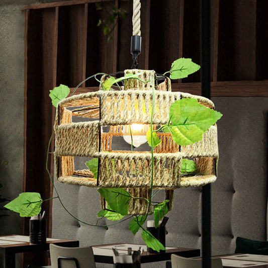 Lanterne suspendue de restaurant en corde de chanvre antique avec décor de lierre - Luminaire suspendu beige à 1 ampoule
