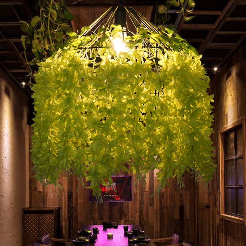 Rustic Birdcage Hanging Light With Artificial Flower - Restaurant Pendant Fixture 1 Bulb Green