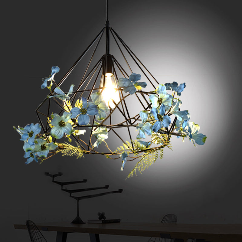 Rustic Metallic Diamond Hanging Light With Blue-White Finish: Restaurant Pendant Fixture / Small