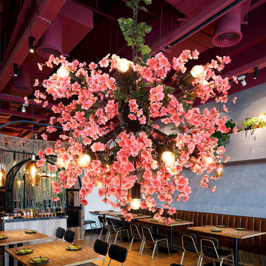 Vintage Pink Starburst Iron Ceiling Light with Cherry Blossom Decor - 13 Heads, Restaurant Chandelier Fixture