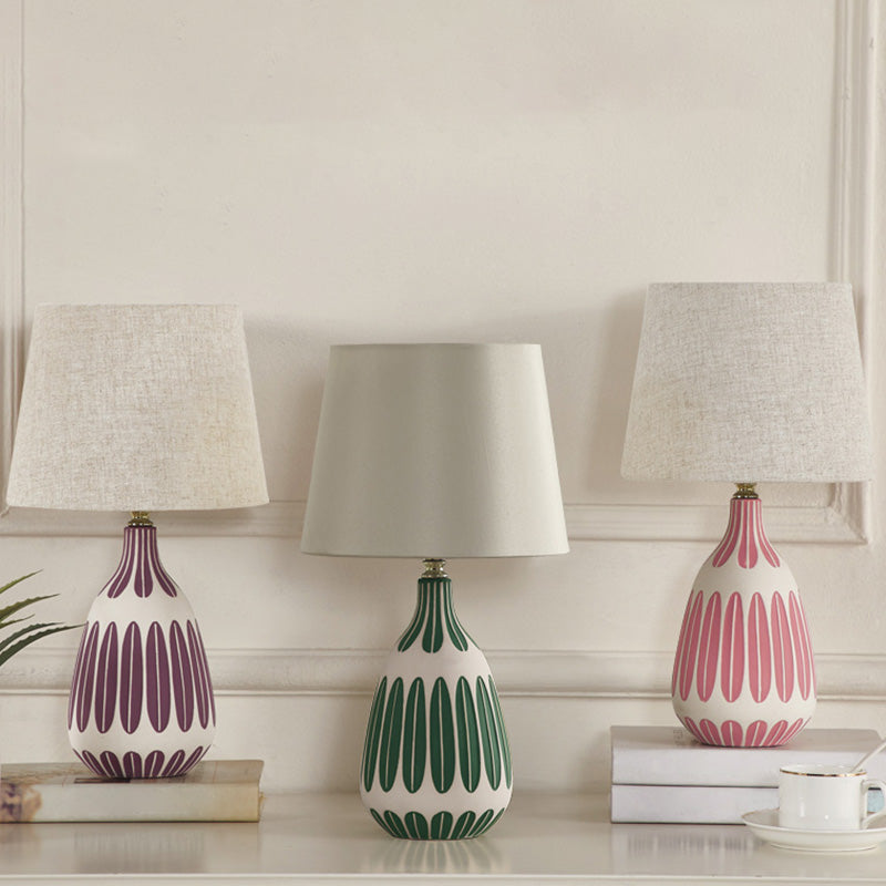 Tapered Contemporary Fabric Bedside Lamp With Earthenware Base
