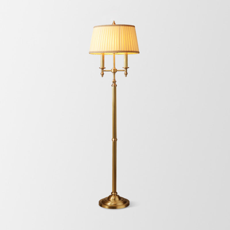 Vintage Gold Candelabra Floor Lamp With Pleated Empire Shade - 2 Bulbs Metallic Finish Perfect For