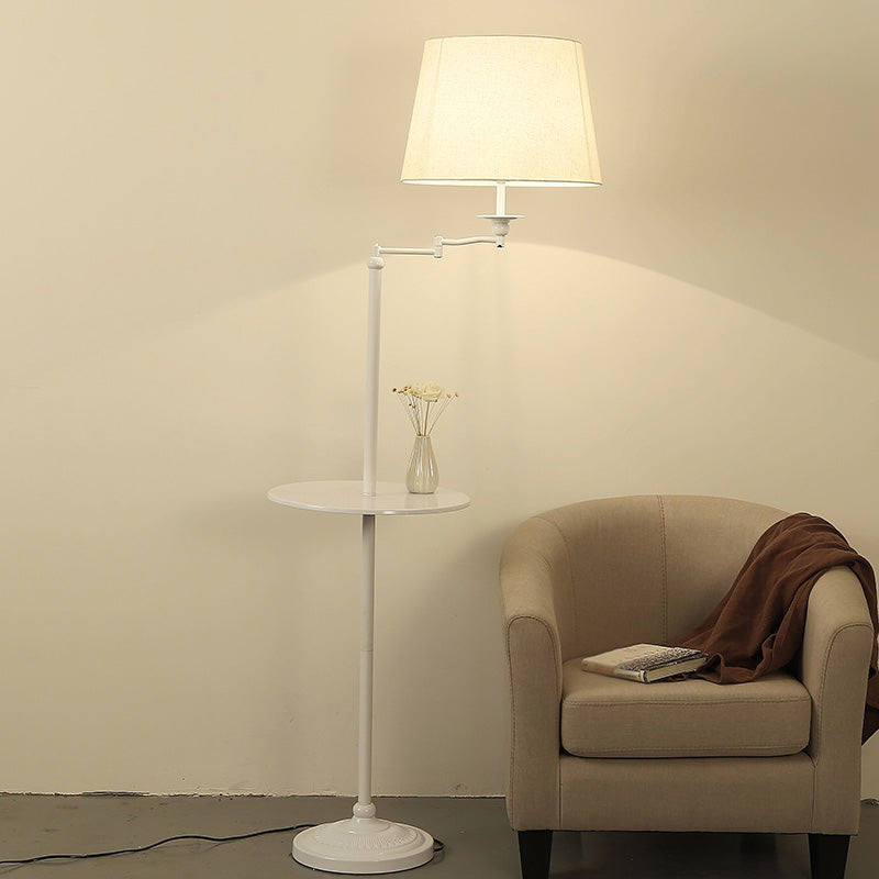 Vintage Fabric Cone Floor Lamp With Tray - Elegant Standing Light For Living Room Flaxen