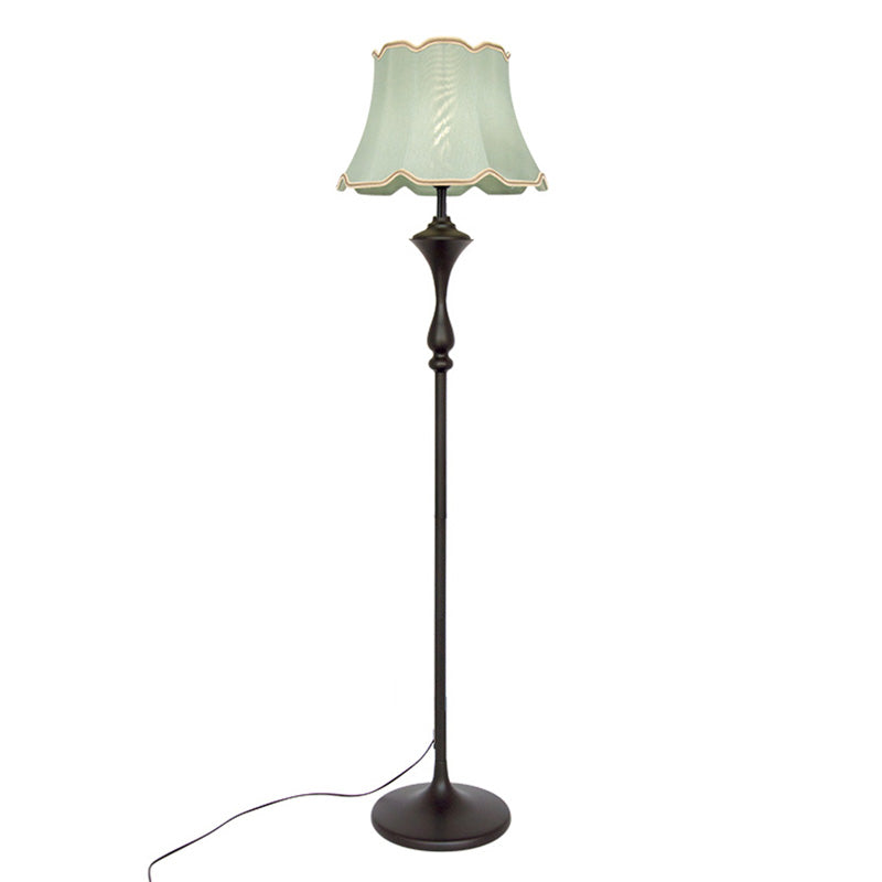 Traditional Bell Shaped Fabric Floor Lamp With Scalloped Trim For Living Room - Single-Bulb Standing