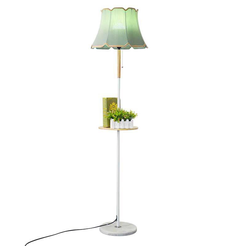 Simplicity 1-Light Floor Light With Wooden Tray - Flared Shaped Fabric Lamp