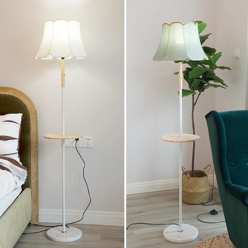 Simplicity 1-Light Floor Light With Wooden Tray - Flared Shaped Fabric Lamp