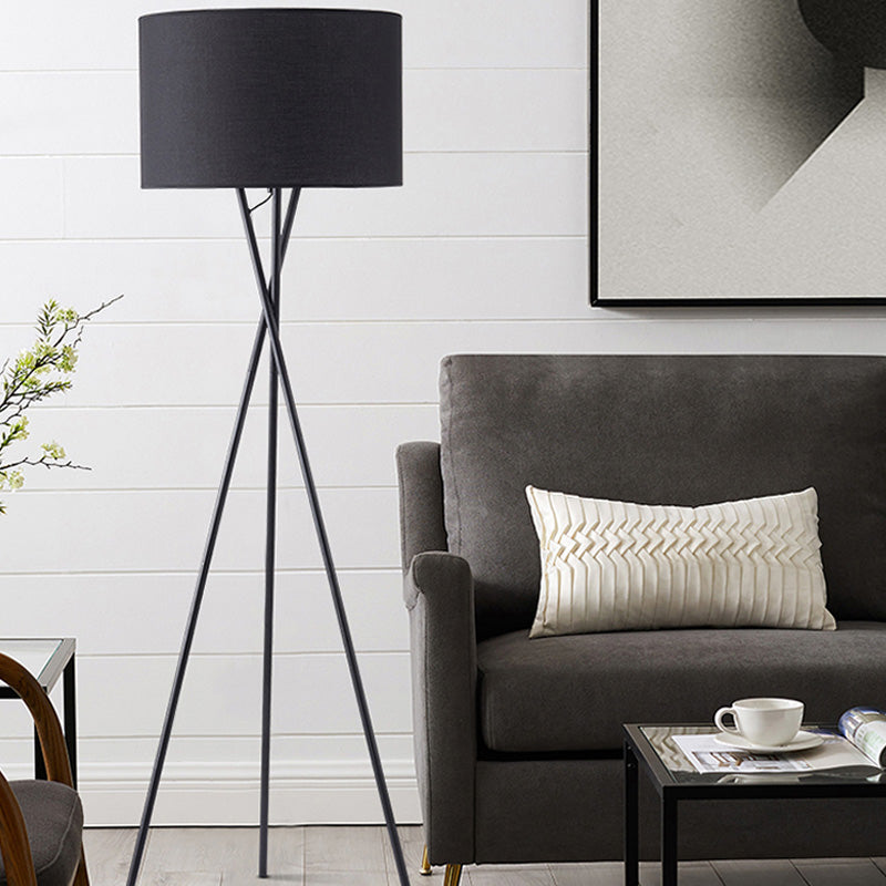 Vintage Tripod Metal Floor Lamp With Drum Fabric Shade - Perfect For Living Room