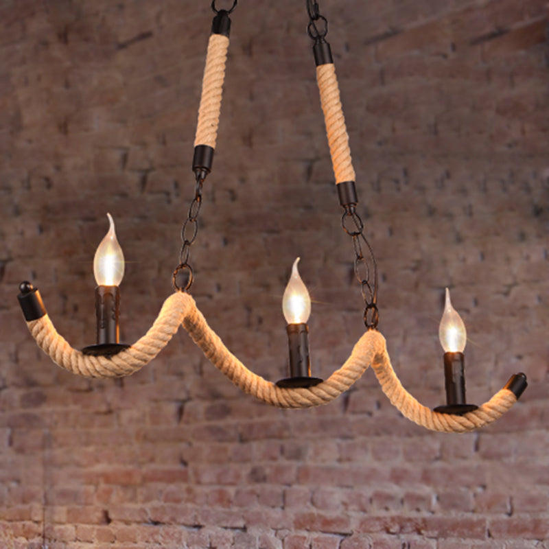 Vintage Black Rope Pendant Light Fixture - 3-Light Candle Island Lamp For Dining Room