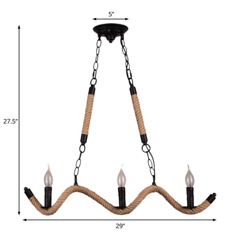 Vintage Black Rope Pendant Light Fixture - 3-Light Candle Island Lamp For Dining Room