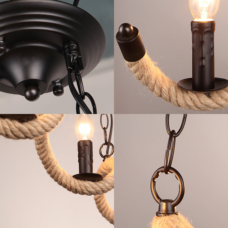 Vintage Black Rope Pendant Light Fixture - 3-Light Candle Island Lamp For Dining Room