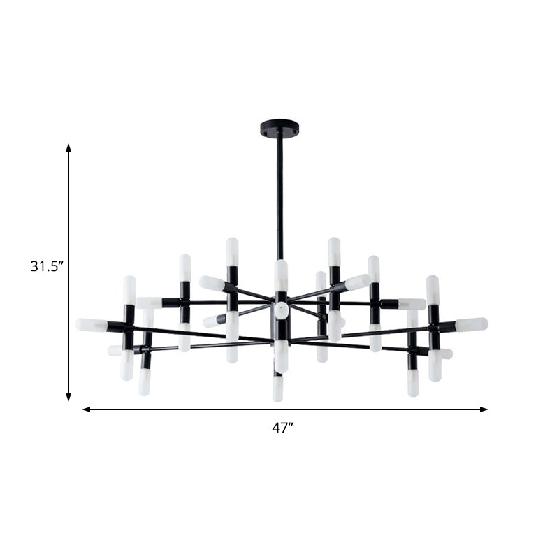 Contemporary Tubular Chandelier: 18/36-Light Black/Gold Metal Hanging Lamp with Starburst Design