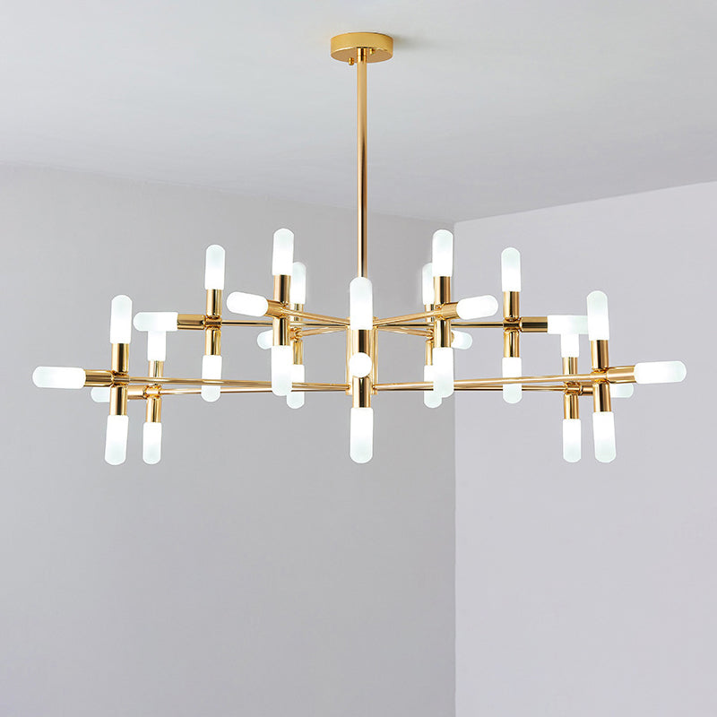 Contemporary Tubular Chandelier: 18/36-Light Black/Gold Metal Hanging Lamp with Starburst Design
