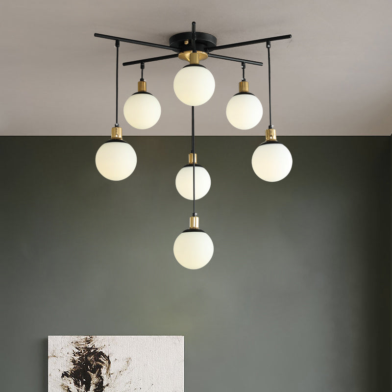 Modern Black Starburst Chandelier with Opal Glass - Elegant Hanging Lamp for Bedroom - 4/7/9 Lights
