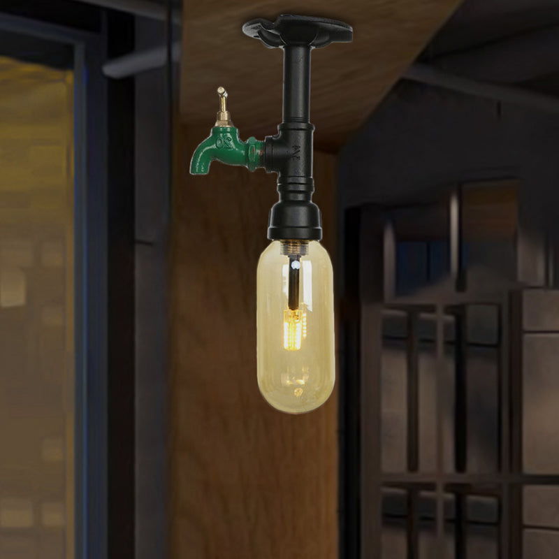 Plafonnier industriel en verre ambré noir avec abat-jour en capsule et design tubulaire - Montage au plafond