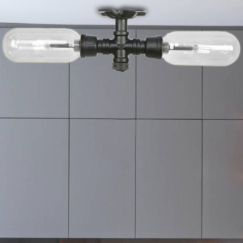 Plafonnier semi-monté noir mat vintage avec abat-jour en verre transparent - Design capsule à 2 lumières