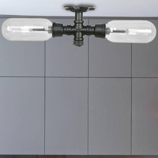 Vintage Matte Black Semi Mount Ceiling Light with Clear Glass Shades - 2-Light Capsule Design