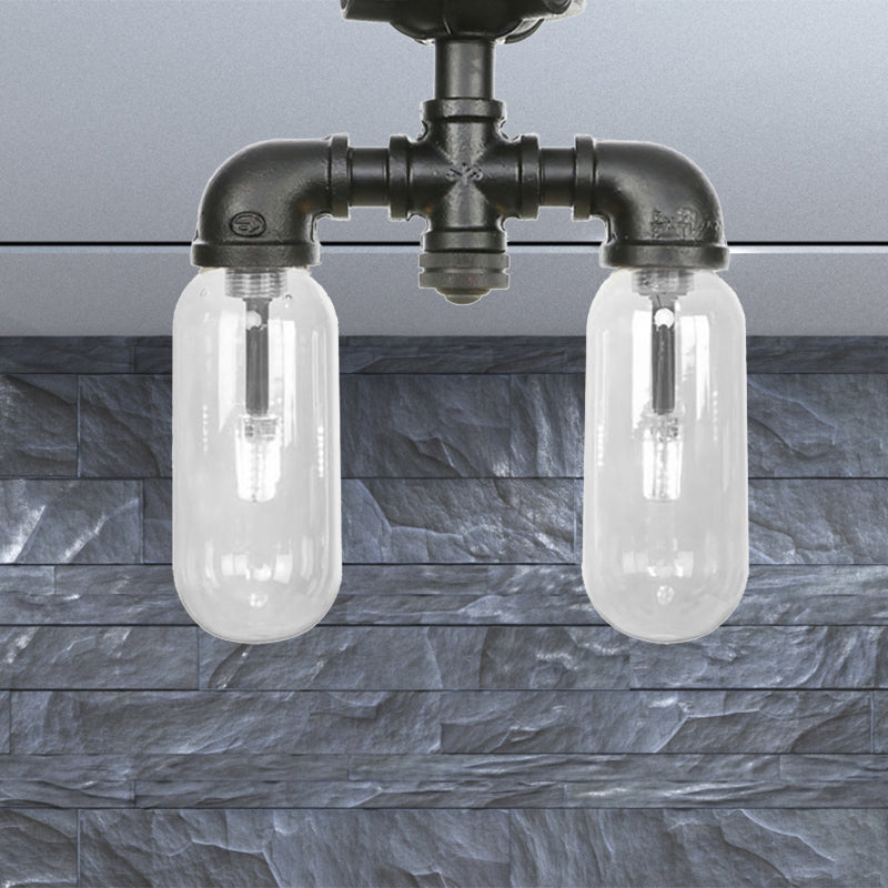 Plafonnier semi-monté noir mat vintage avec abat-jour en verre transparent - Design capsule à 2 lumières