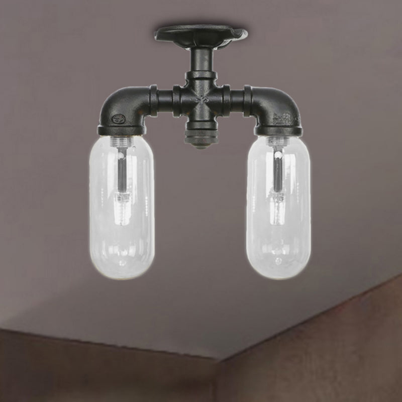 Plafonnier semi-monté noir mat vintage avec abat-jour en verre transparent - Design capsule à 2 lumières