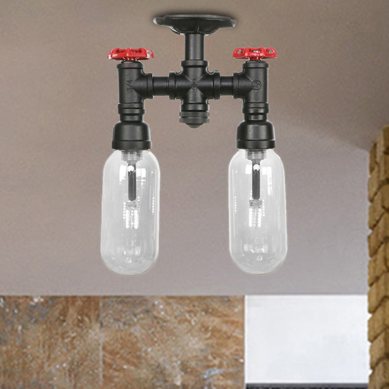 Plafonnier semi-monté noir mat vintage avec abat-jour en verre transparent - Design capsule à 2 lumières