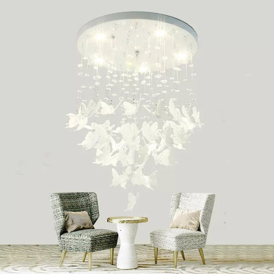 Romantic Butterfly Crystal Flush Ceiling Light for Shop - Round Metal White Ceiling Fixture