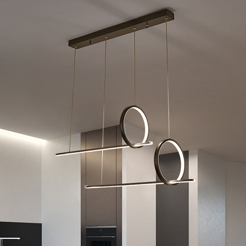 Simple Acrylic Linear and Ring Ceiling Chandelier - Black Hanging Light with Warm/White Glow