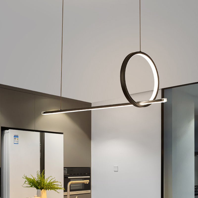Simple Acrylic Linear and Ring Ceiling Chandelier - Black Hanging Light with Warm/White Glow