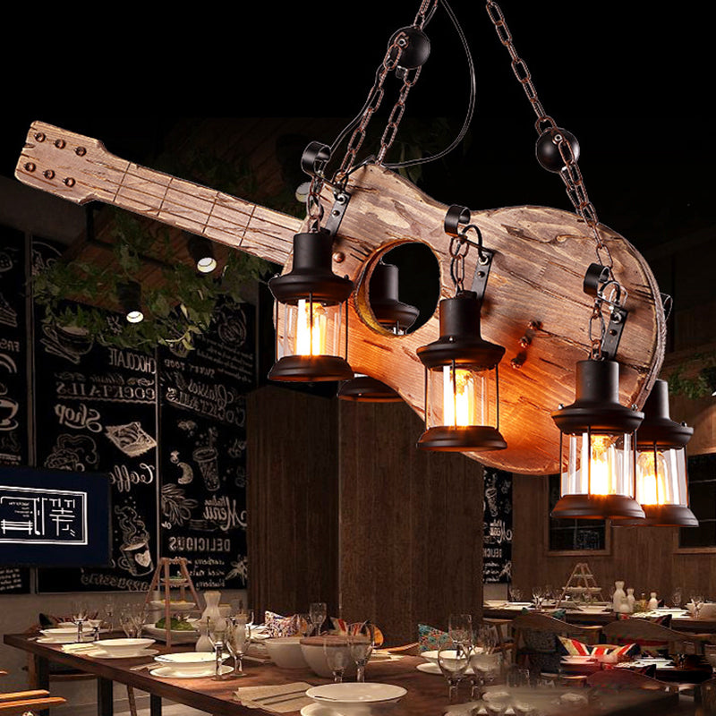 Lustre lanterne côtier marron avec verre transparent et accents en bois - Luminaire suspendu à 6 lumières pour le salon