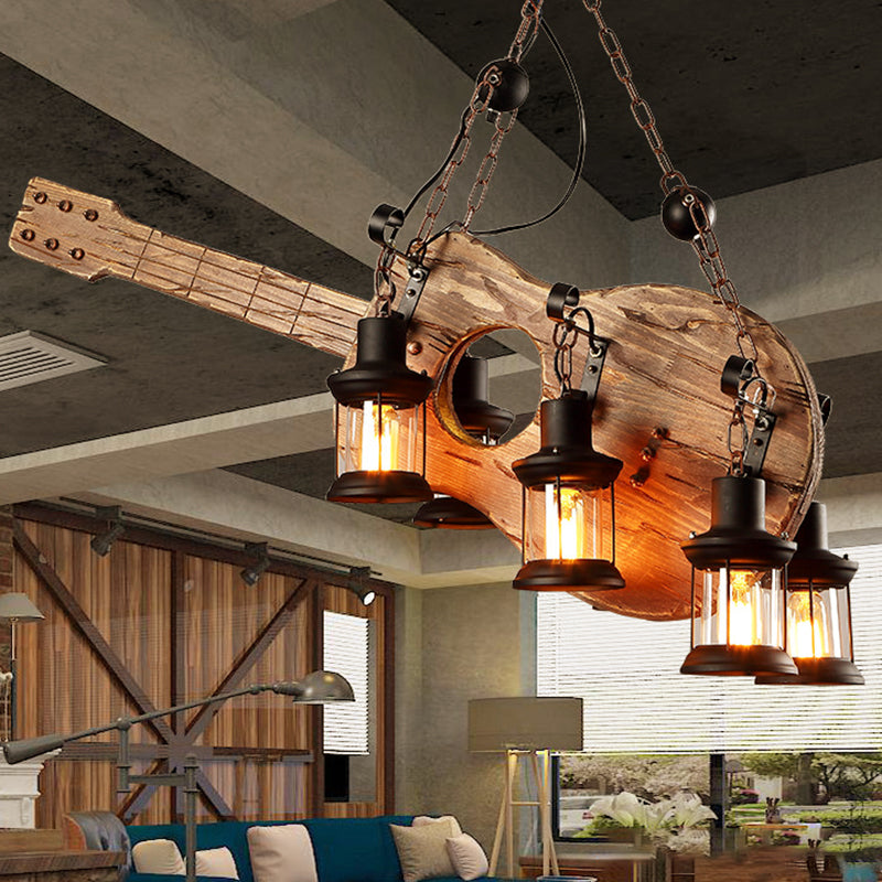 Lustre lanterne côtier marron avec verre transparent et accents en bois - Luminaire suspendu à 6 lumières pour le salon
