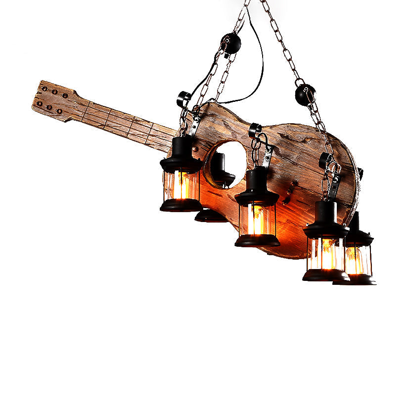 Lustre lanterne côtier marron avec verre transparent et accents en bois - Luminaire suspendu à 6 lumières pour le salon