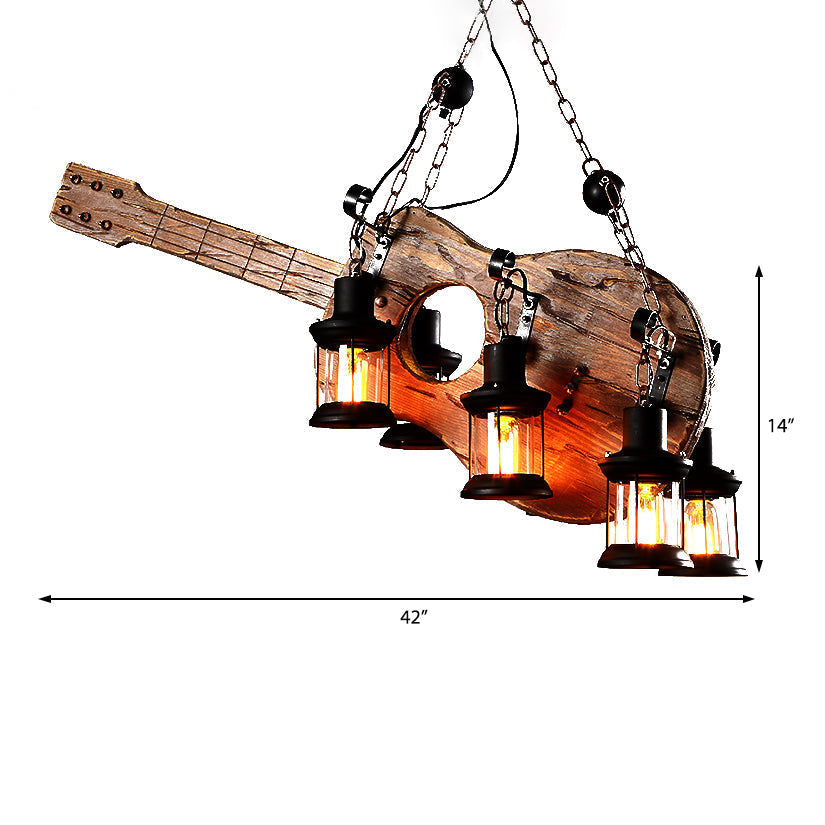 Lustre lanterne côtier marron avec verre transparent et accents en bois - Luminaire suspendu à 6 lumières pour le salon