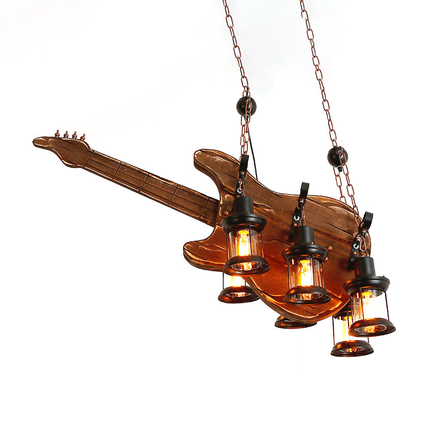 Lustre lanterne côtier marron avec verre transparent et accents en bois - Luminaire suspendu à 6 lumières pour le salon